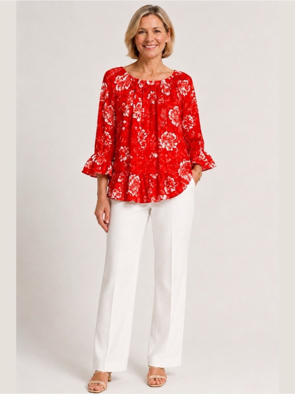 INC INTERNATIONAL CONCEPTS Red Floral Print Chiffon Blouse Ruffle Hem & Cuffs 1X